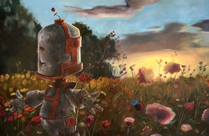 Field of Flowers Bot - Robots in Rowboats by Lauren Briere + Print on Wood "Brick"