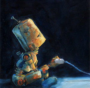 Gamer Bot - Robots in Rowboats by Lauren Briere + Print on  Wood "Brick"