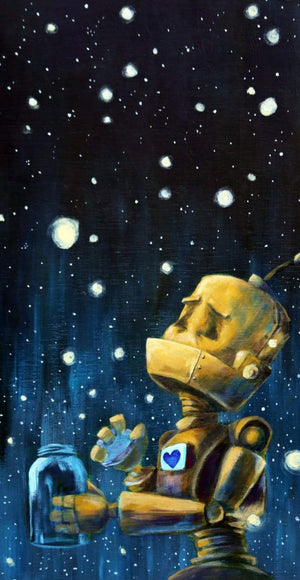 Why robots?!
"A series of oil paintings about sweet n' sad robots who experience the world in a way we take for granted" -Lauren Briere.