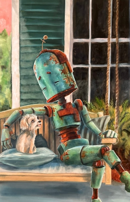 Good Dog Bot - Robots in Rowboats by Lauren Briere + Print on Wood "Brick"