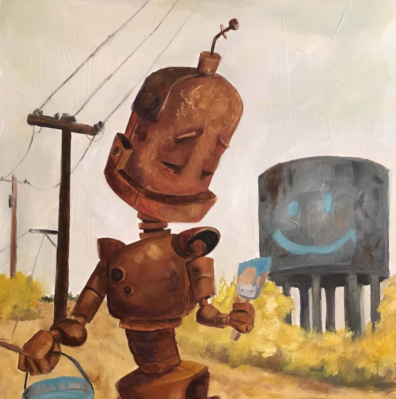 Hello Bot - Robots in Rowboats by Lauren Briere + Print on Large Wood "Brick"