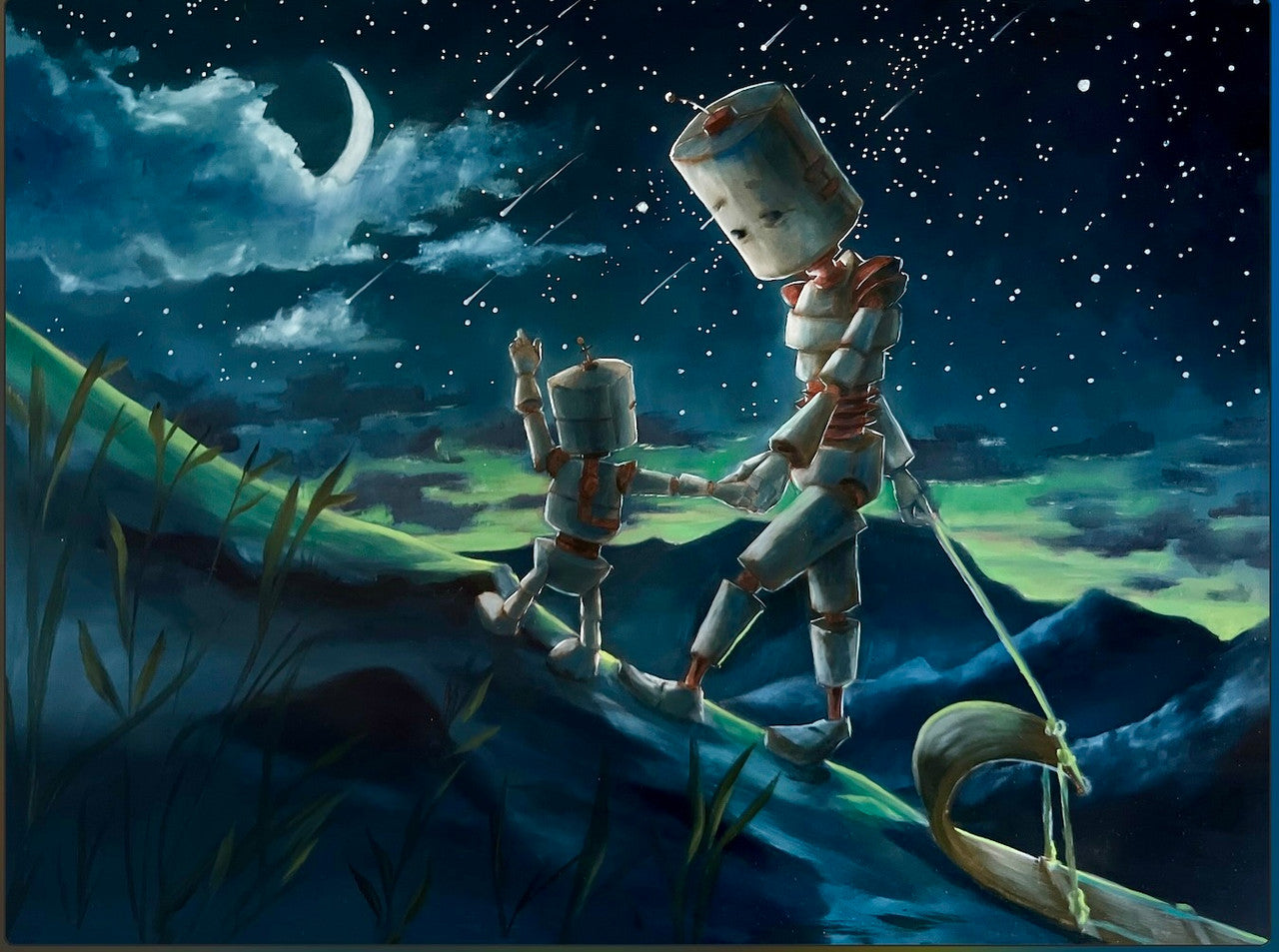 Memory Bots - Robots in Rowboats by Lauren Briere + Print on Wood "Brick"