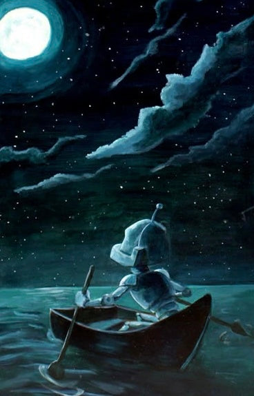 Moon Bot - Robots in Rowboats by Lauren Briere + Print on Wood "Brick"