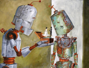 Why robots?!
"A series of oil paintings about sweet n' sad robots who experience the world in a way we take for granted" -Lauren Briere.