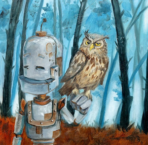 Owl Bot - Robots in Rowboats by Lauren Briere + Print on Wood Panel