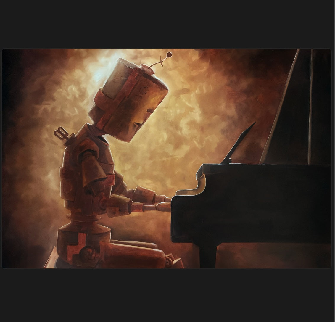 Piano Bot - Robots in Rowboats by Lauren Briere + Print on Wood "Brick"