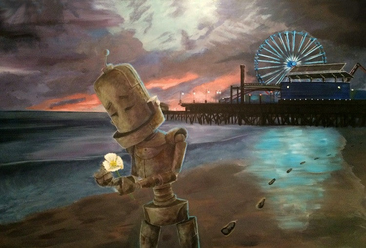 Pier Bot - Robots in Rowboats by Lauren Briere + Print on Large Wood "Brick"