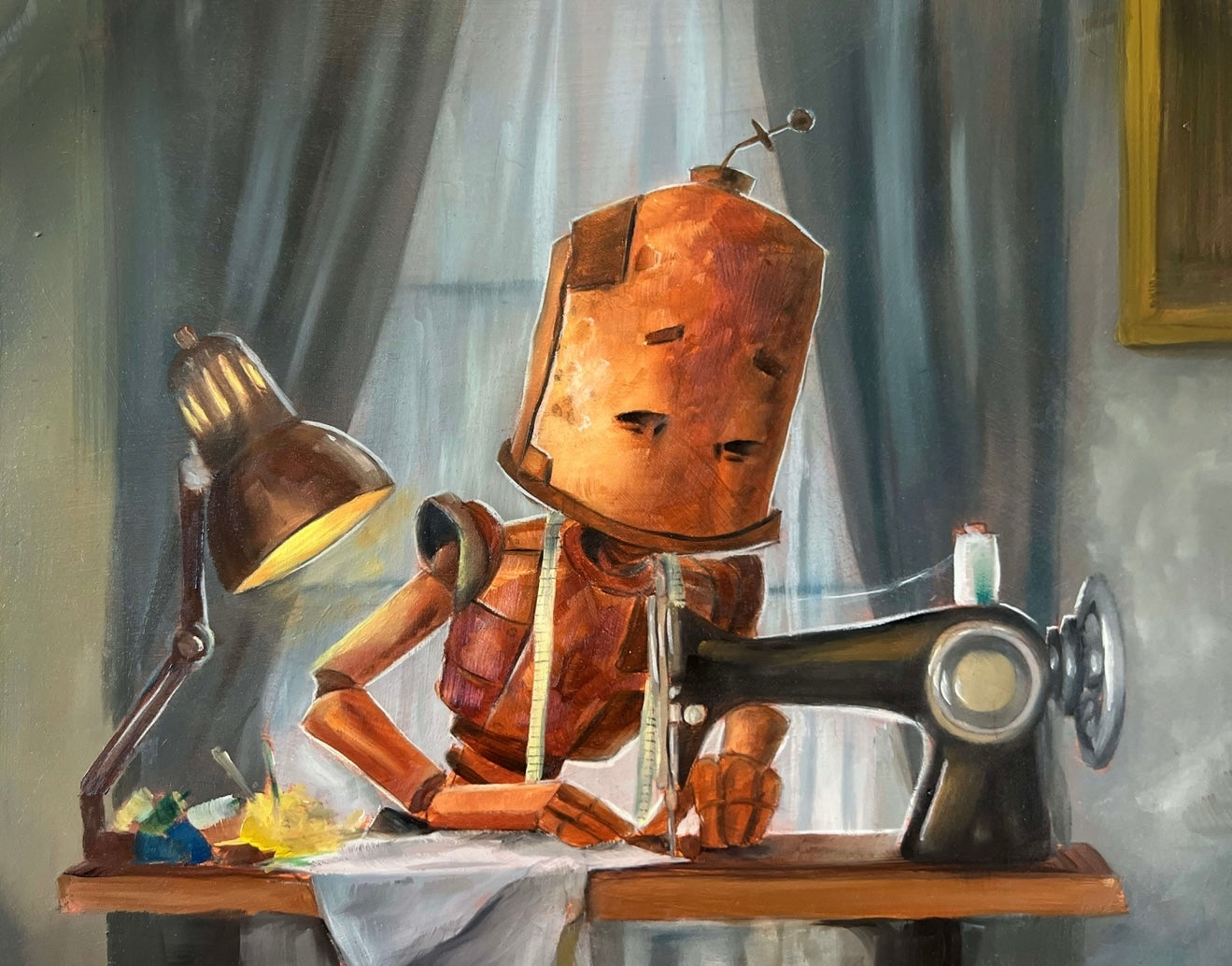 Sewing Bot - Robots in Rowboats by Lauren Briere + Print on Wood "Brick"