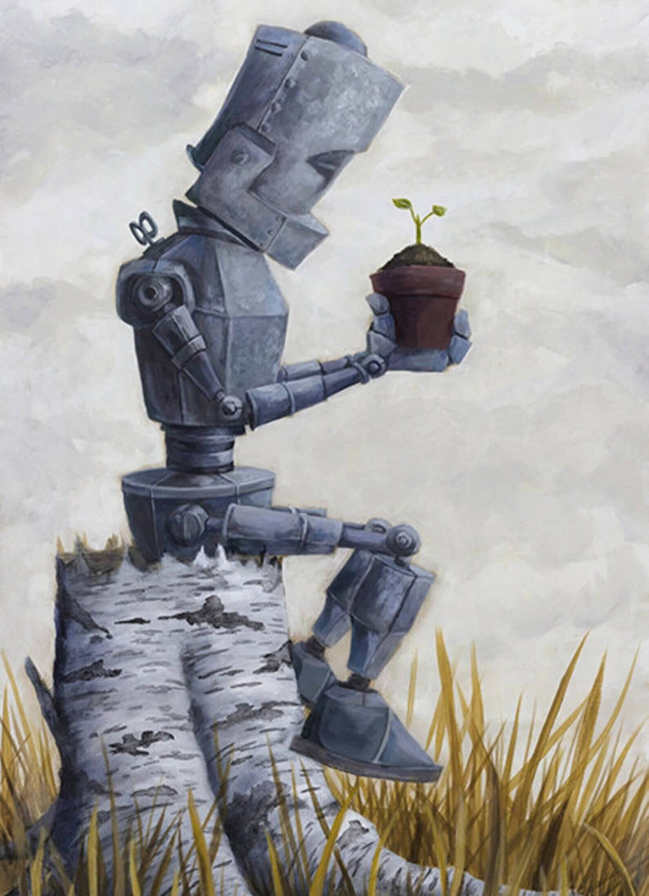 Sprout Bot- Robots in Rowboats by Lauren Briere + Print on  Wood "Brick"