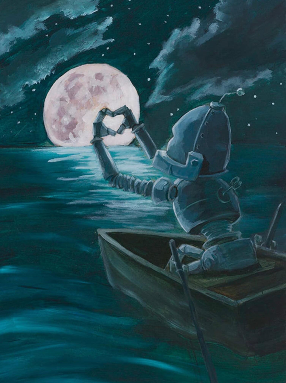 To The Moon & Back Bot -Robots in Rowboats by Lauren Briere + Print on Large Wood "Brick"