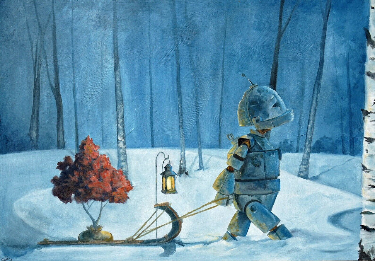 Winter Bot - Robots in Rowboats by Lauren Briere + Print on Large Wood "Brick"