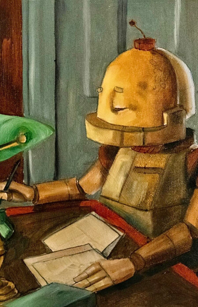 Comfort Writing Bot - Robots in Rowboats by Lauren Briere+ Print on Wood "Brick"
