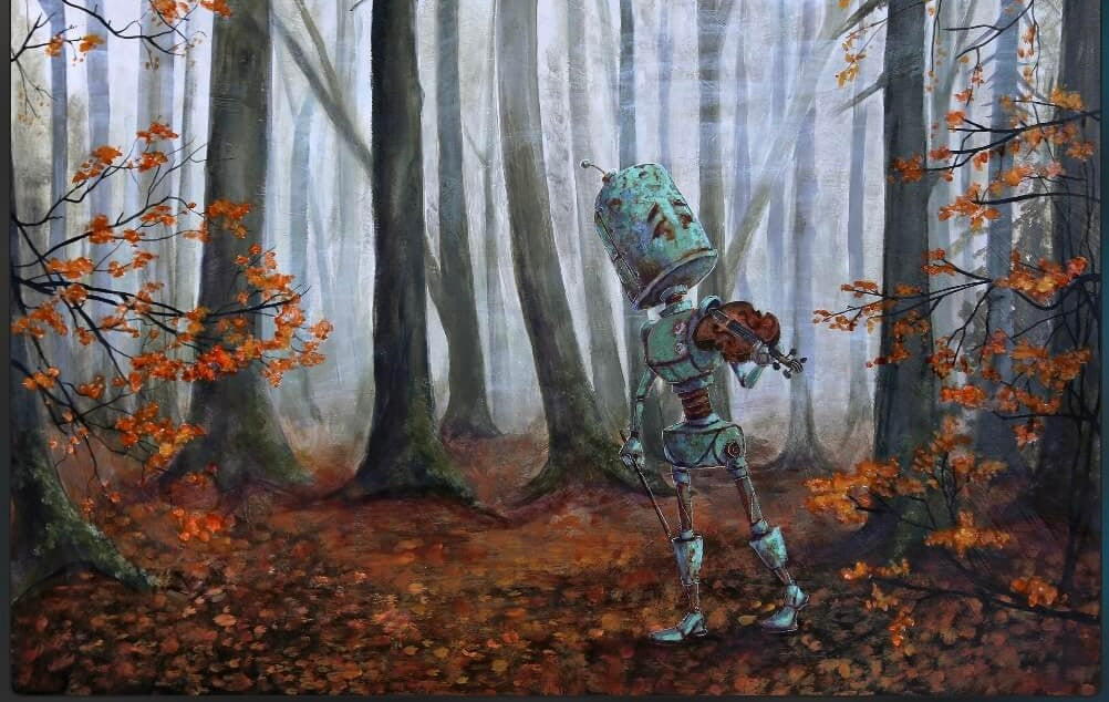 Forest Violin Bot - Robots in Rowboats by Lauren Briere +  Print on Wood "Brick"