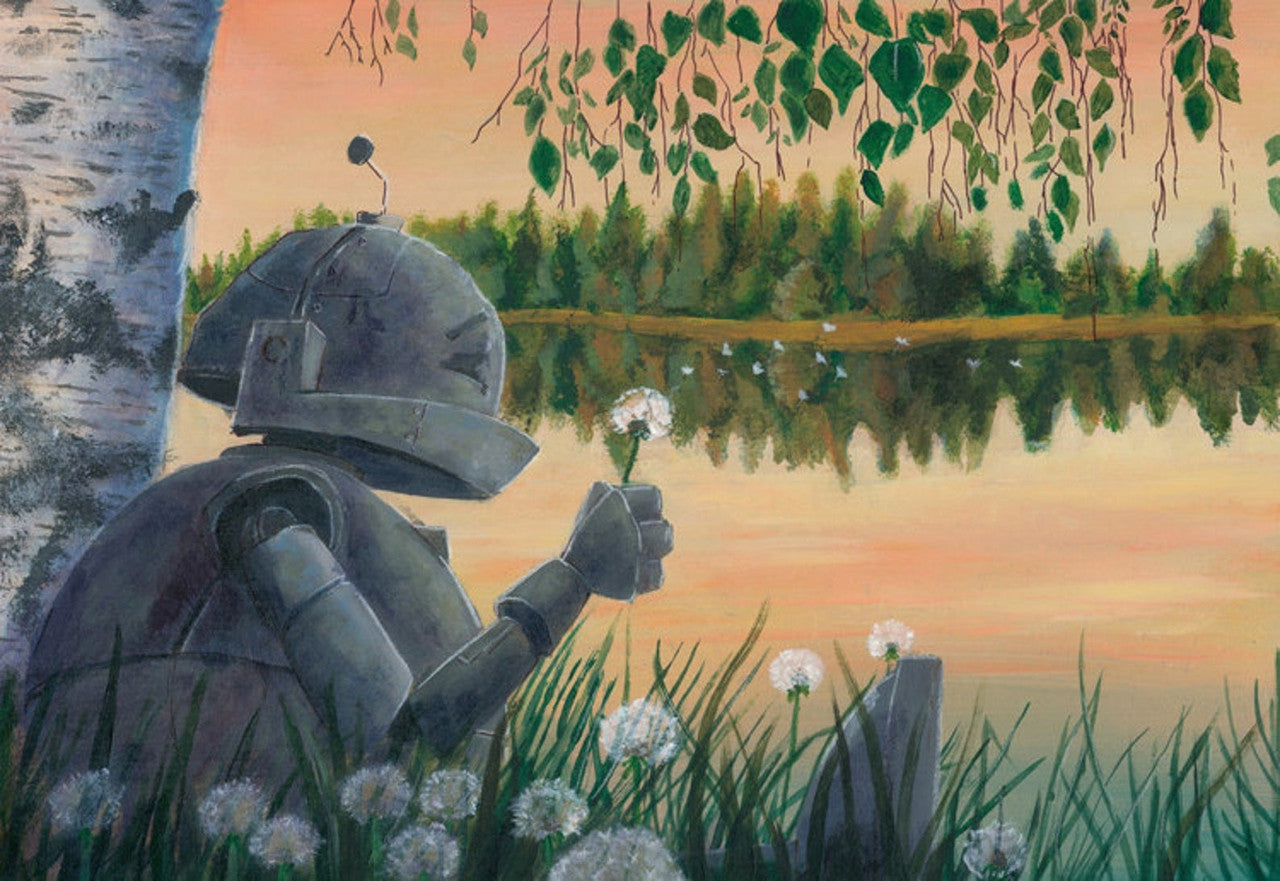 Dandelion Bot - Robots in Rowboats by Lauren Briere + Print on Wood "Brick"