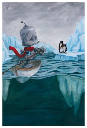 Arctic Bot - Robots in Rowboats by Lauren Briere - print on woodblock