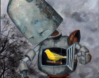 Canary Bot - Robots in Rowboats by Lauren Briere + Print on Large Wood Panel