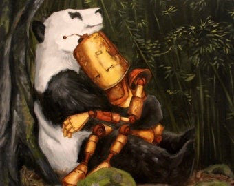 Panda  Bot - Robots in Rowboats, Art by Lauren Briere + Dibond Metal Print