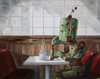 Waiting Bot - Robots in Rowboats, Art by Lauren Briere + Dibond Metal Print