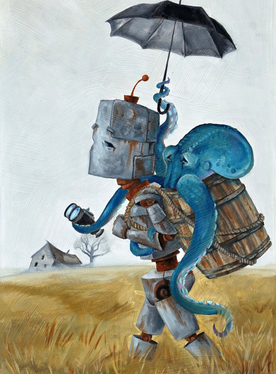 Why robots?!
"A series of oil paintings about sweet n' sad robots who experience the world in a way we take for granted" -Lauren Briere.