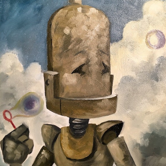 Portrait of a Bot #8- Robots in Rowboats by Lauren Briere + Print on Large Wood "Brick"