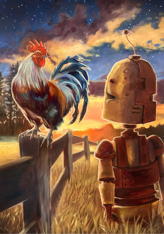 Rooster Bot - Robots in Rowboats by Lauren Briere + Print on Wood "Brick"