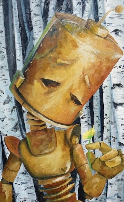 Dandelion Birch Bot - Robots in Rowboats by Lauren Briere + Print on Wood "Brick"