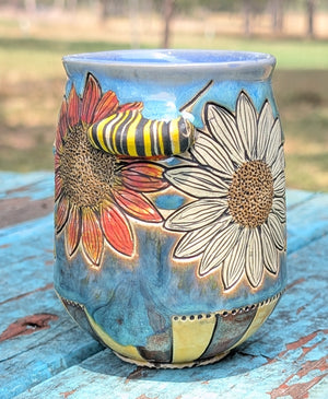 Sunflower Tumbler with Caterpillar by Sarah Beth Pottery