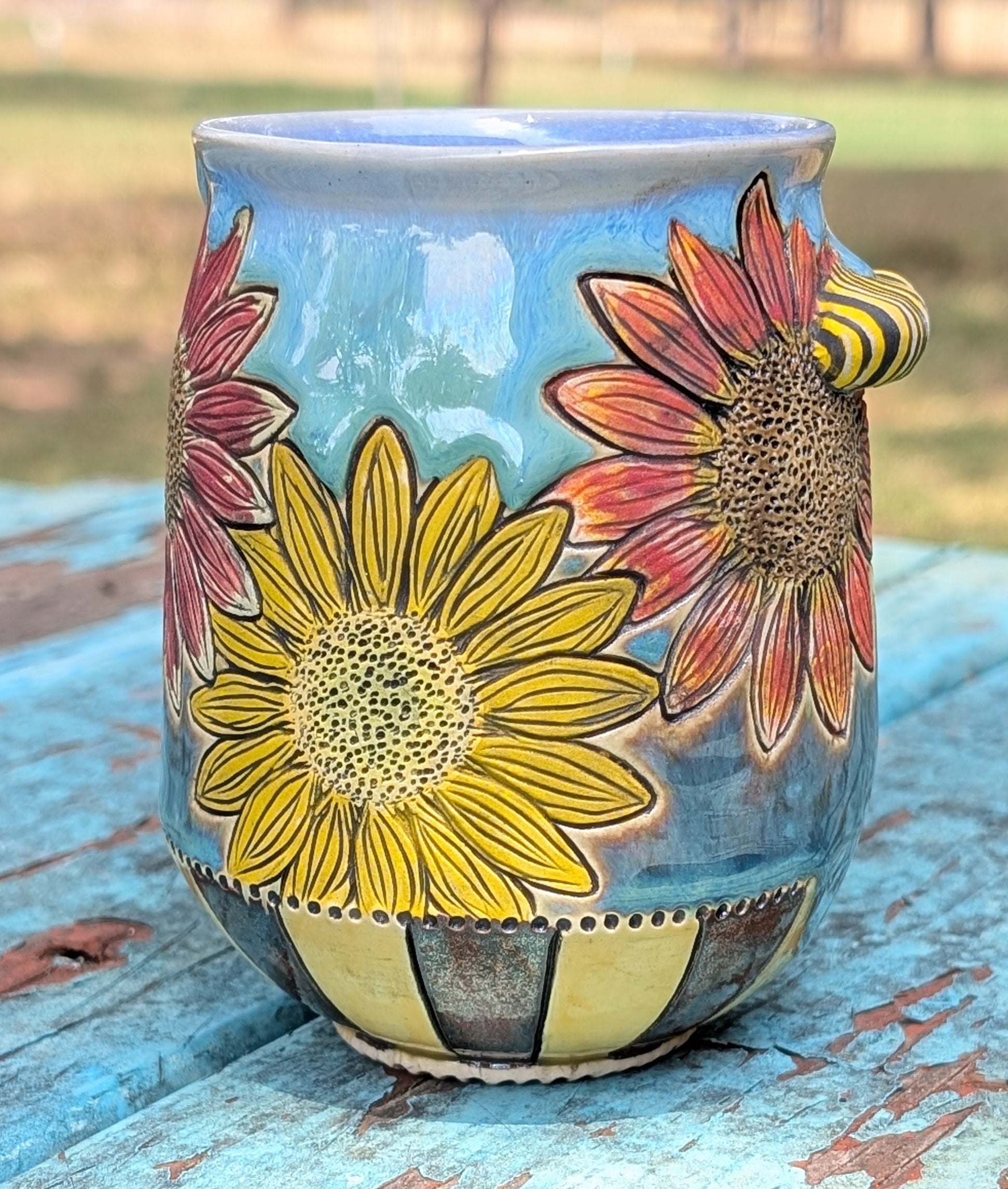 Sunflower Tumbler with Caterpillar by Sarah Beth Pottery