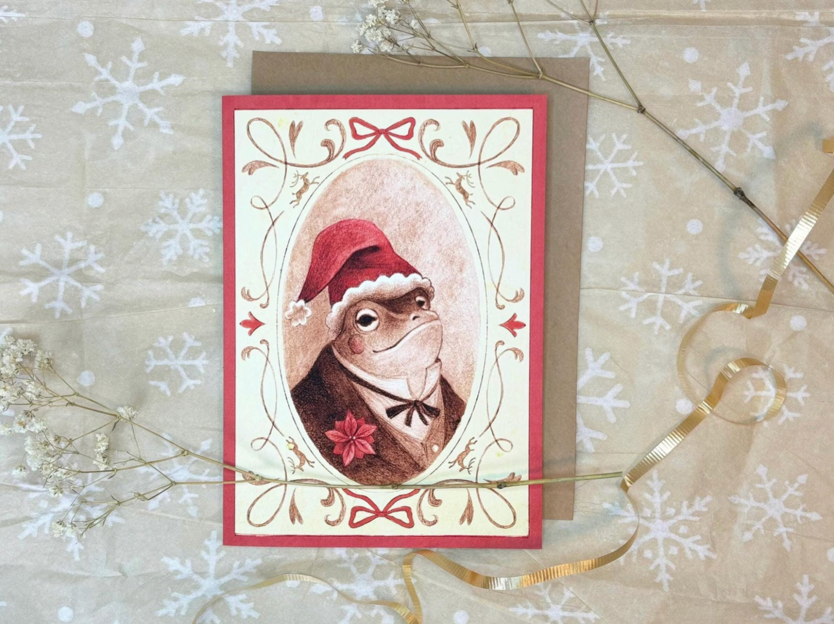 Festive Victorian Portrait Frog Christmas Card by Cats in Cardigans