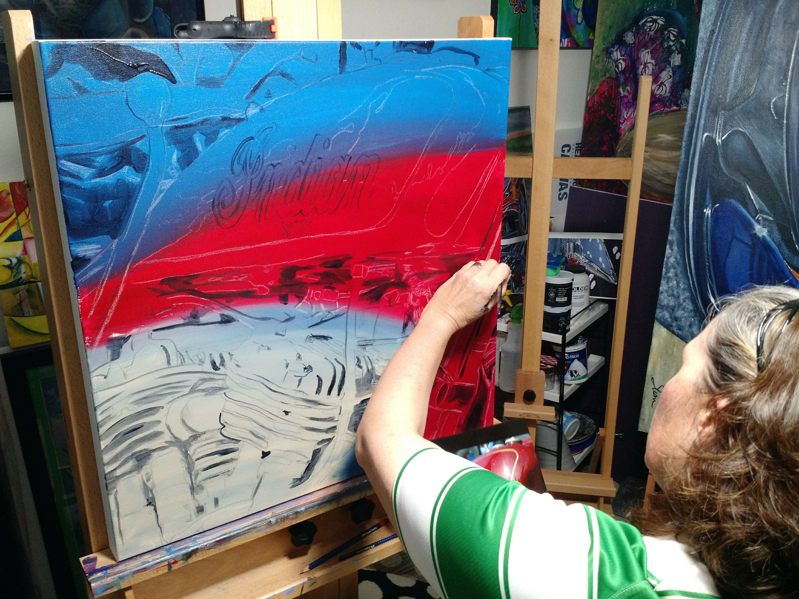 I was drawn by the rainbow of colors in the body patina. You may not see them all, but there are purples, greens, blues, browns, and oranges in there. I had fun splattering this girl using thinned acrylic and smeared quite a bit of it using my fingers. Such a fun piece to paint.