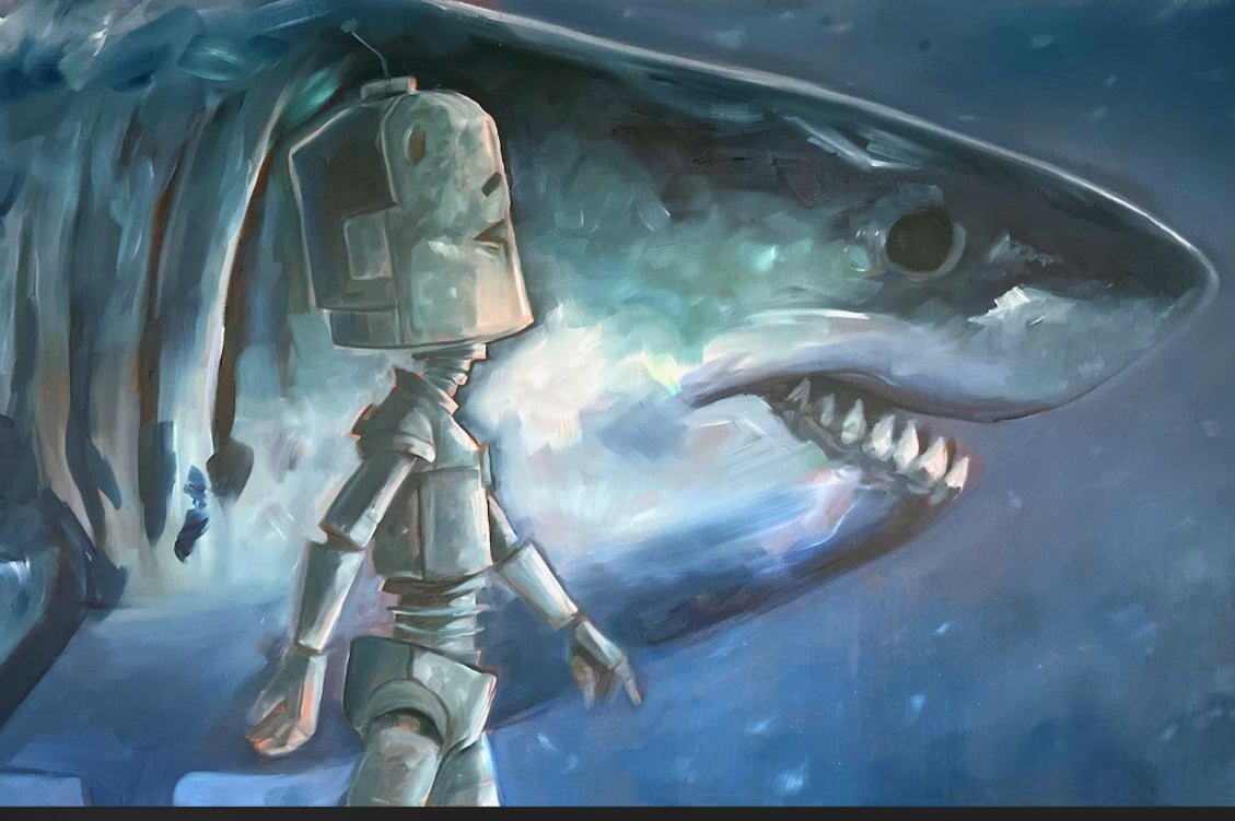 Shark Bot - Robots in Rowboats by Lauren Briere + Print on Wood "Brick"