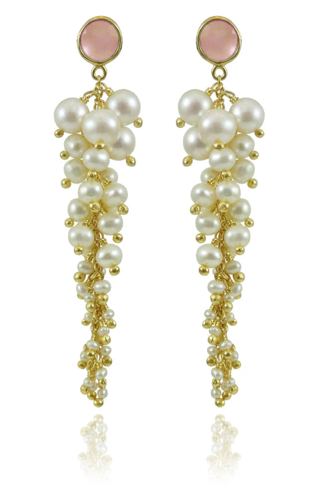 Italian Cascade Cluster Pearl Earrings with Rose Quartz by Sikara & Co.