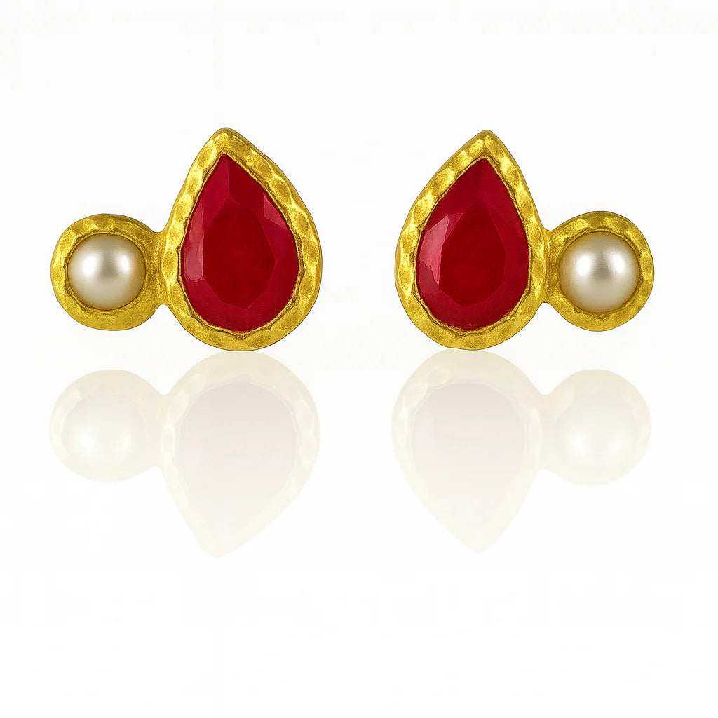 Side Hammered Indian Peacock Studs in Ruby and Pearl by Sikara & Co.