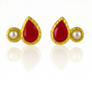 Side Hammered Indian Peacock Studs in Ruby and Pearl by Sikara & Co.