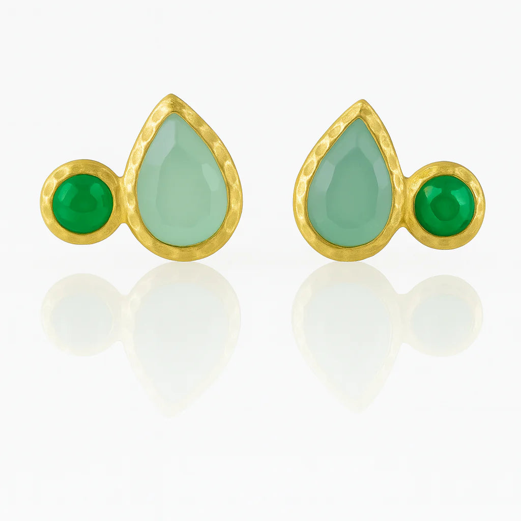 Side Hammered Indian Peacock Studs in Green Onyx and Aqua Chalcedony by Sikara & Co.
