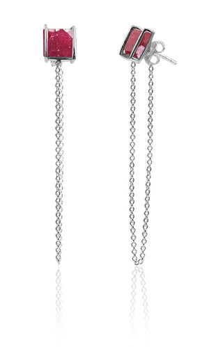 Milano Square Chain Loop Studs with Rough Cut Ruby by Sikara & Co.