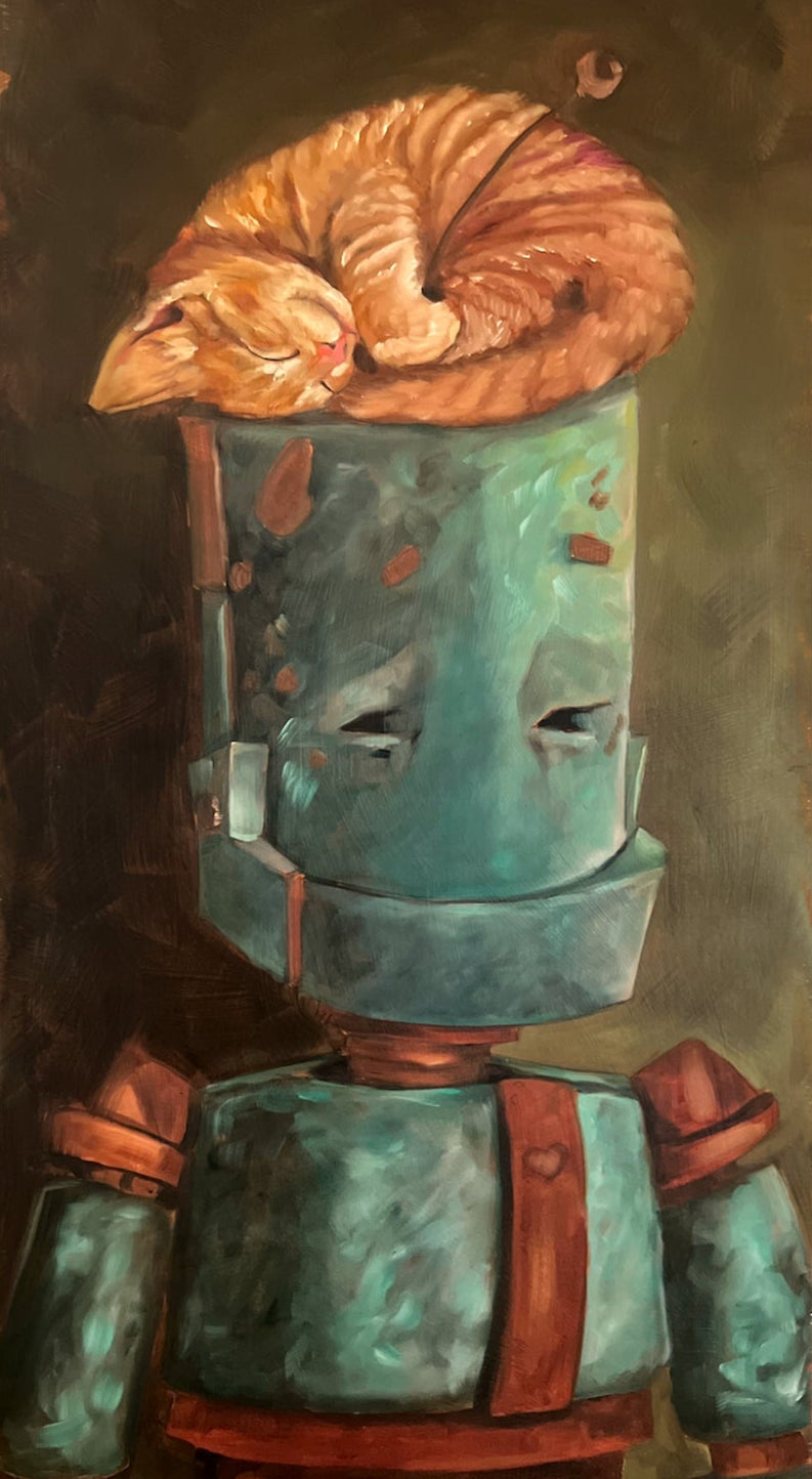 Sleepy Kitten Bot - Robots in Rowboats by Lauren Briere + Print on Wood "Brick"
