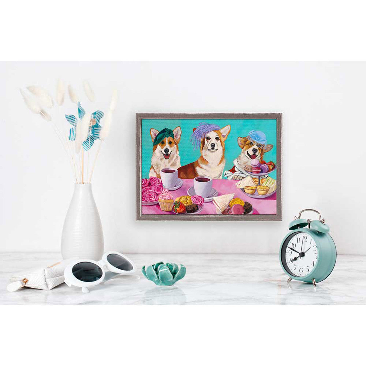 Add a little dose of pure adorableness to your decor with this piece! This wall art features three corgis having a tea party and enjoying their pastries, sandwiches and cupcakes.