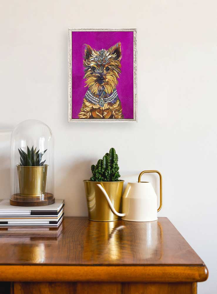 Princess of Yorkies Mini Framed Canvas Print by Stationery Bakery, This crowned royal pup, by the Stationery Bakery, is looking very regal in front of this lush magenta background.