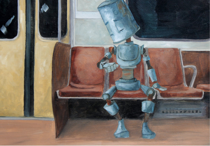 Subway Bot 2 - Robots in Rowboats by Lauren Briere + Print on Wood "Brick"