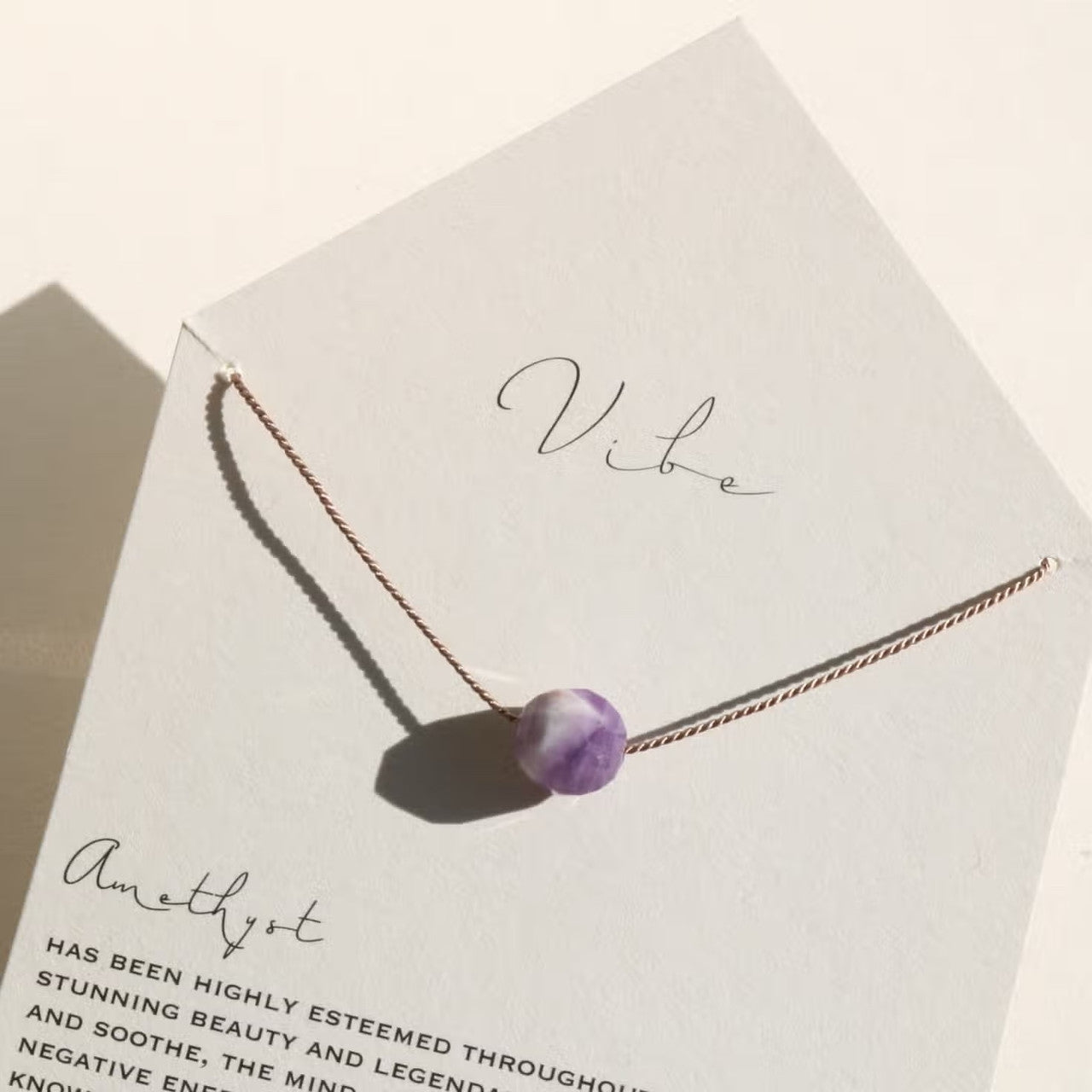 A M E T H Y S T + Silk
All Vibe necklaces are handcrafted with natural gemstones and silk.       
Created with Mother Earth in mind & designed to flow with your go - Vibe necklaces & bracelets are the ultimate well-rounded, diplomatic good will ambassadors.