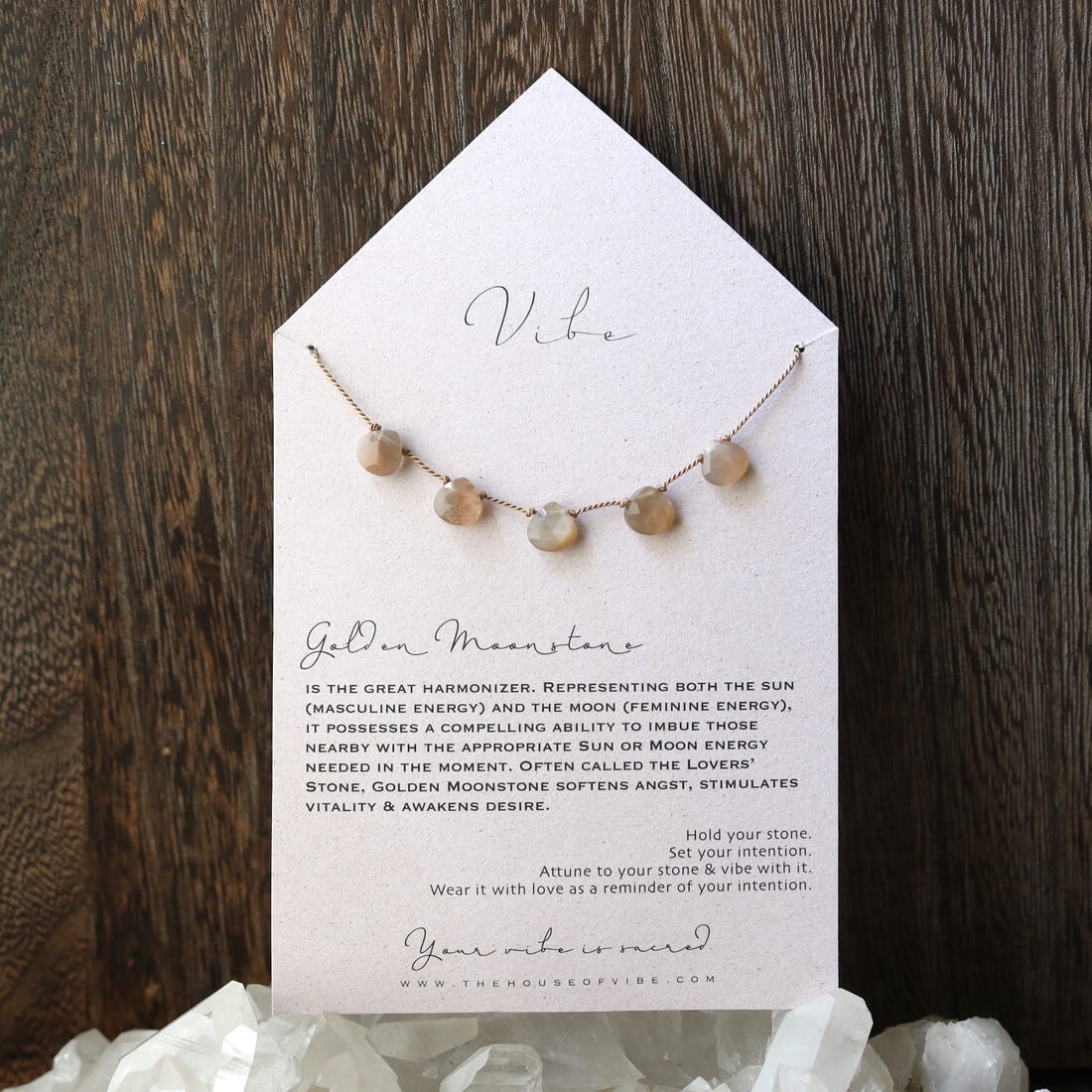 G O L D E N M O O N S T O N E
is the great harmonizer. Representing both the Sun (masculine energy) and the Moon (feminine energy), it possesses a compelling ability to imbue those nearby with the appropriate Sun or Moon energy needed in the moment. Often called The Lovers’ stone, Golden Moonstone softens angst, stimulates vitality & awakens desire.