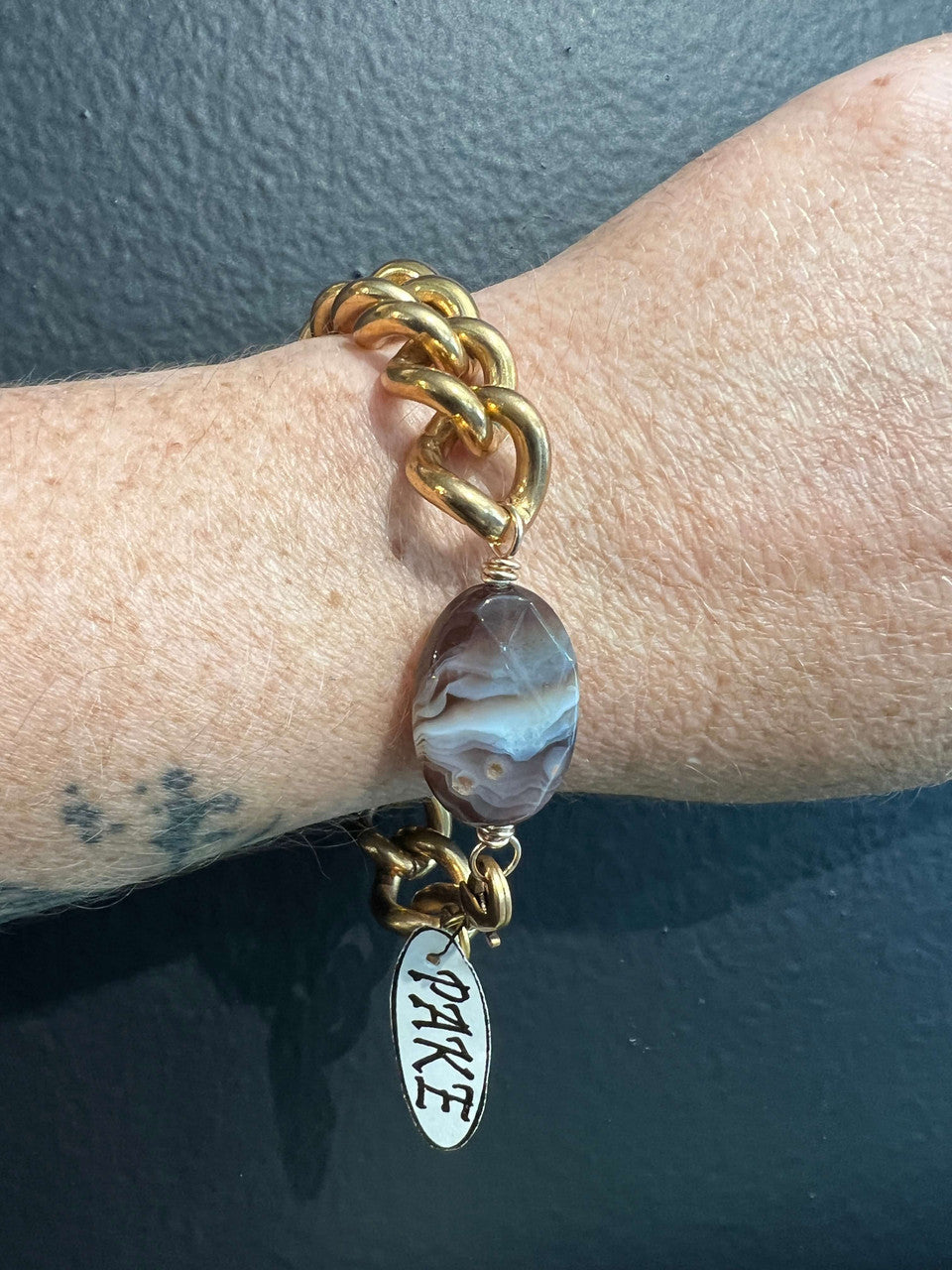 Vintage Coco Chanel thick brass curb chain with an oval Cloud Agate bead and 24K Russian gold filled lobster clasp.