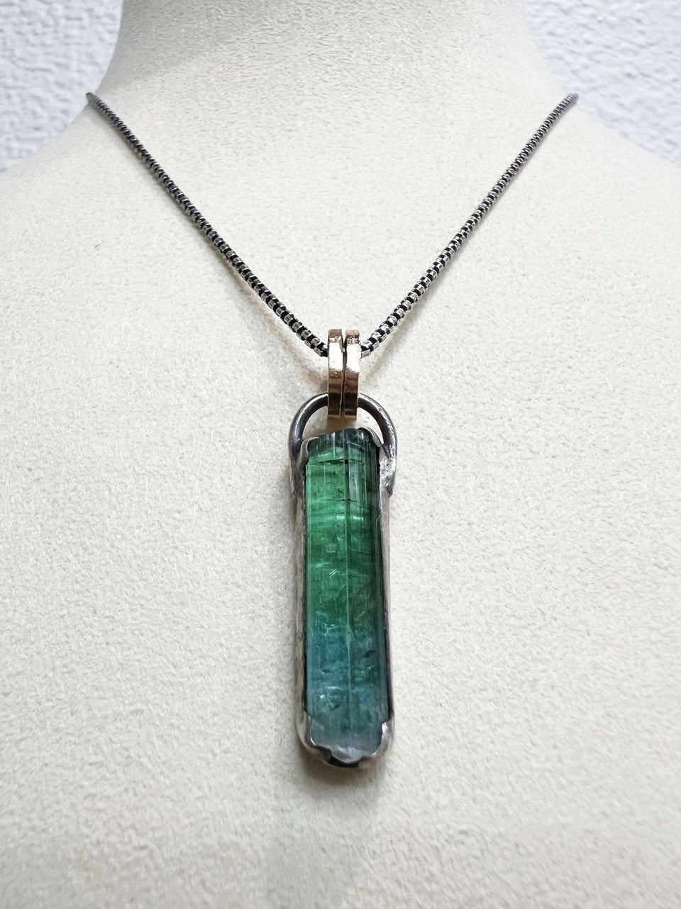 Bluegreen and White Tourmaline and Sterling Silver Necklace by Zach Wright