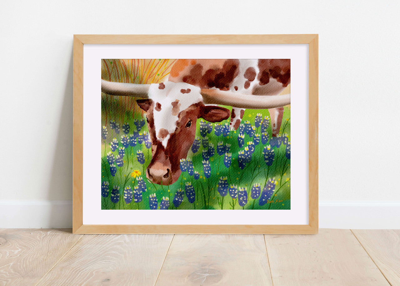 It Smells Good - Longhorn & Bluebonnes print by Zoee Xiao
11”h x 14”w paper print - unframed