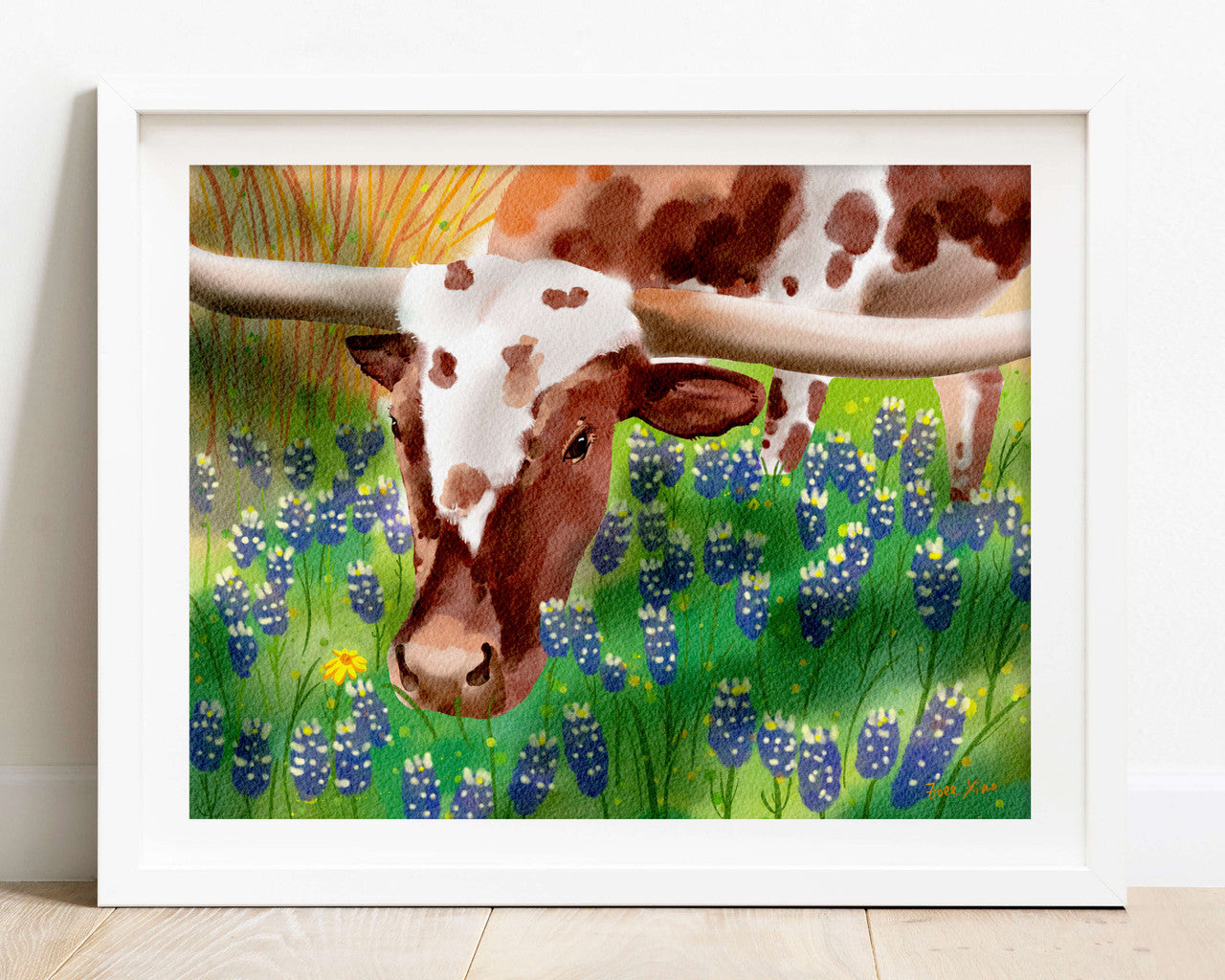 It Smells Good - Longhorn & Bluebonnes print by Zoee Xiao
11”h x 14”w paper print - unframed