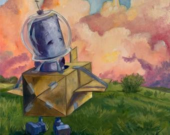 Astronaut Bot - Robots in Rowboats by Lauren Briere + Print on Wood "Brick"