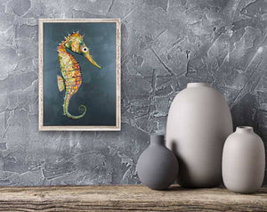 Floating Seahorse in Blue Mini Framed Canvas Print by Eli Halpin