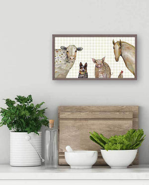 Cattle Dog and Crew on Plaid Mini Framed Canvas Print by Eli Halpin