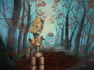 Radio Bot - Robots in Rowboats by Lauren Briere+ Print on Wood Panel